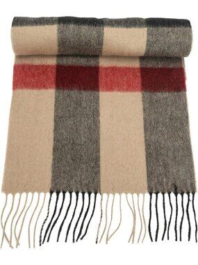 Women's Beige Wide Plaid Virgin Wool Warm Soft Luxurious Imported Scarf